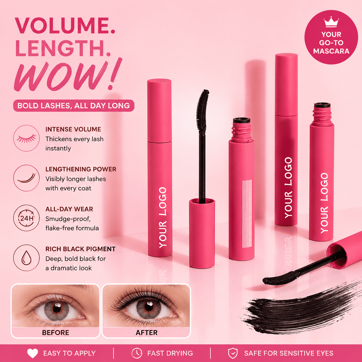 Curved Pink Mascara Tube – Ergonomic Brush for Volumizing & Defining Lashes