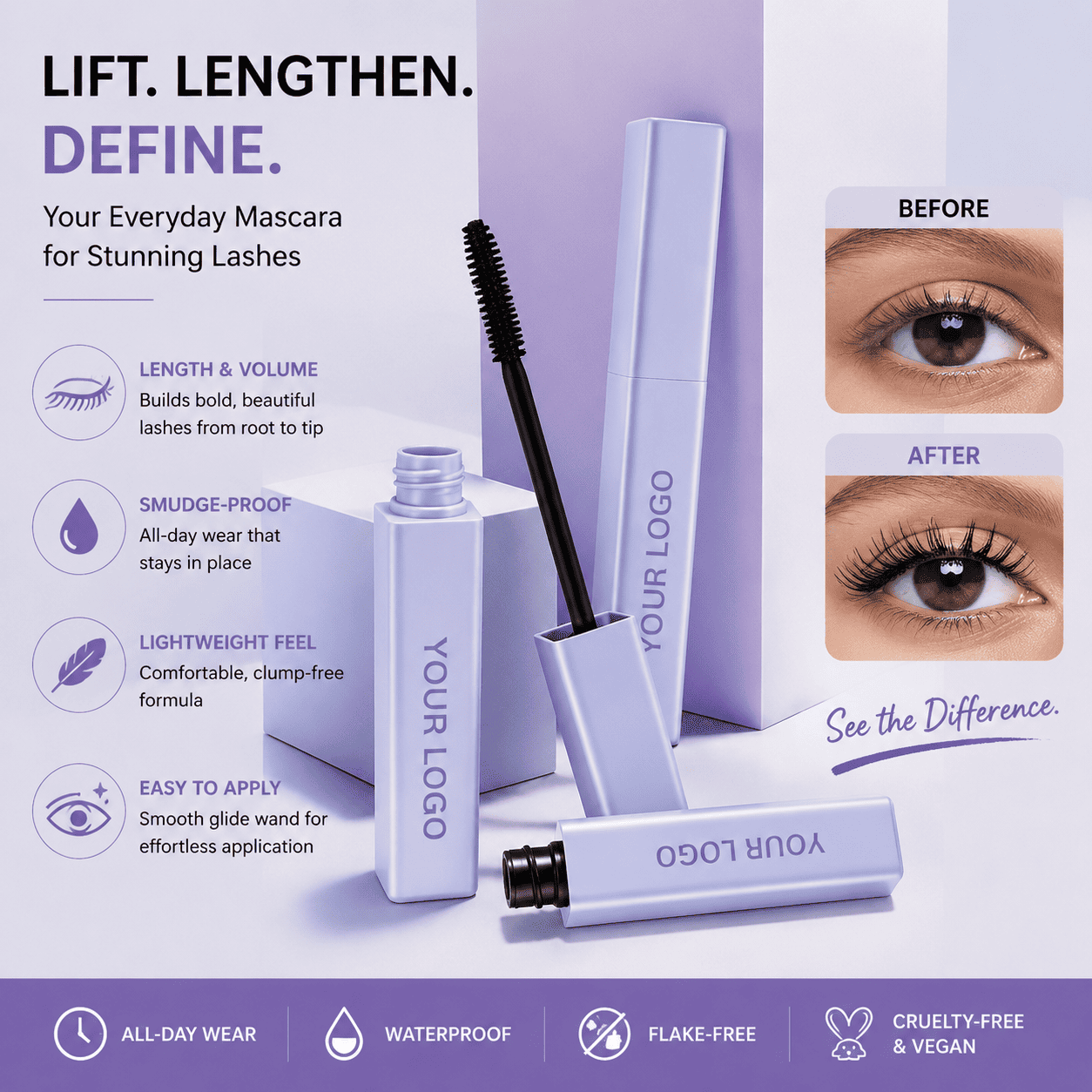 Curved Brush Waterproof Mascara – Long-Lasting Volume & Curl