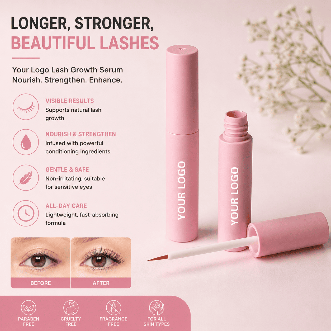 Eyelash Growth Serum with Vegan Lash Enhancer Oil-Free Formula – Professional Lash and Brow Care