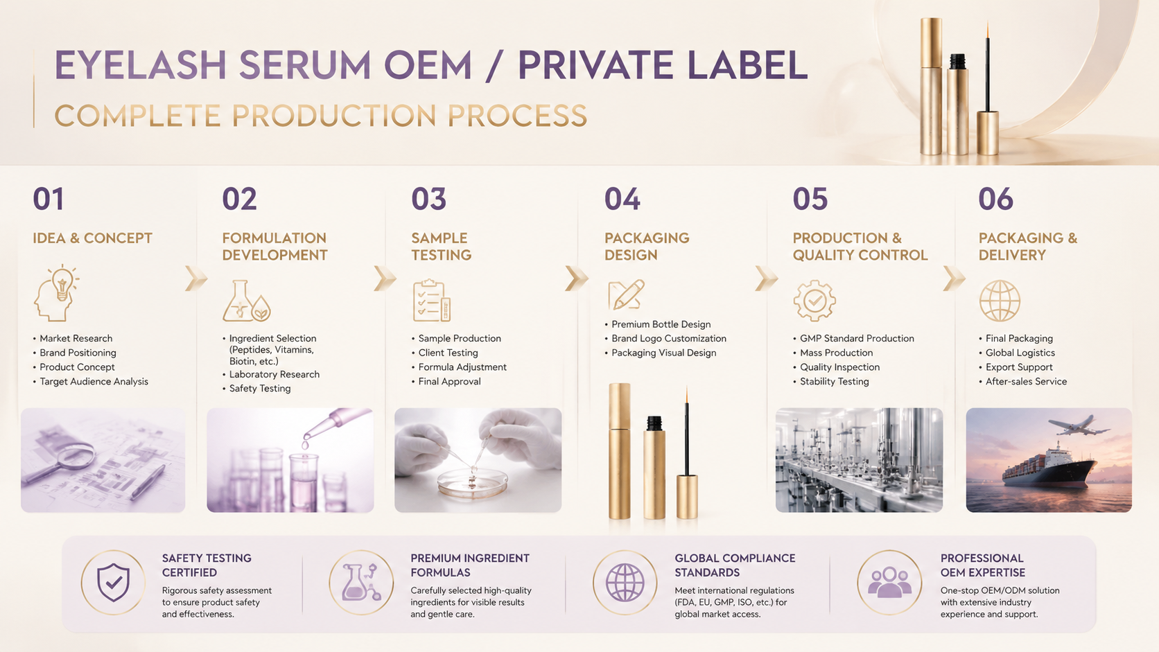 Processo OEM per siero ciglia dalla formulazione alla produzione e distribuzione globale per private label