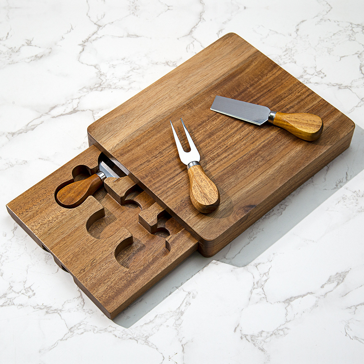 Personalized Acacia Wood Cheese Board with Hidden Drawer and 3 Stainless Steel Knives – Compact Charcuterie Set