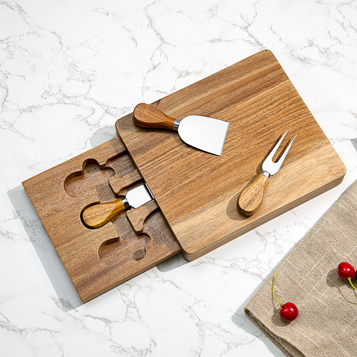 Personalized Acacia Wood Cheese Board with Hidden Drawer and 3 Stainless Steel Knives – Compact Charcuterie Set