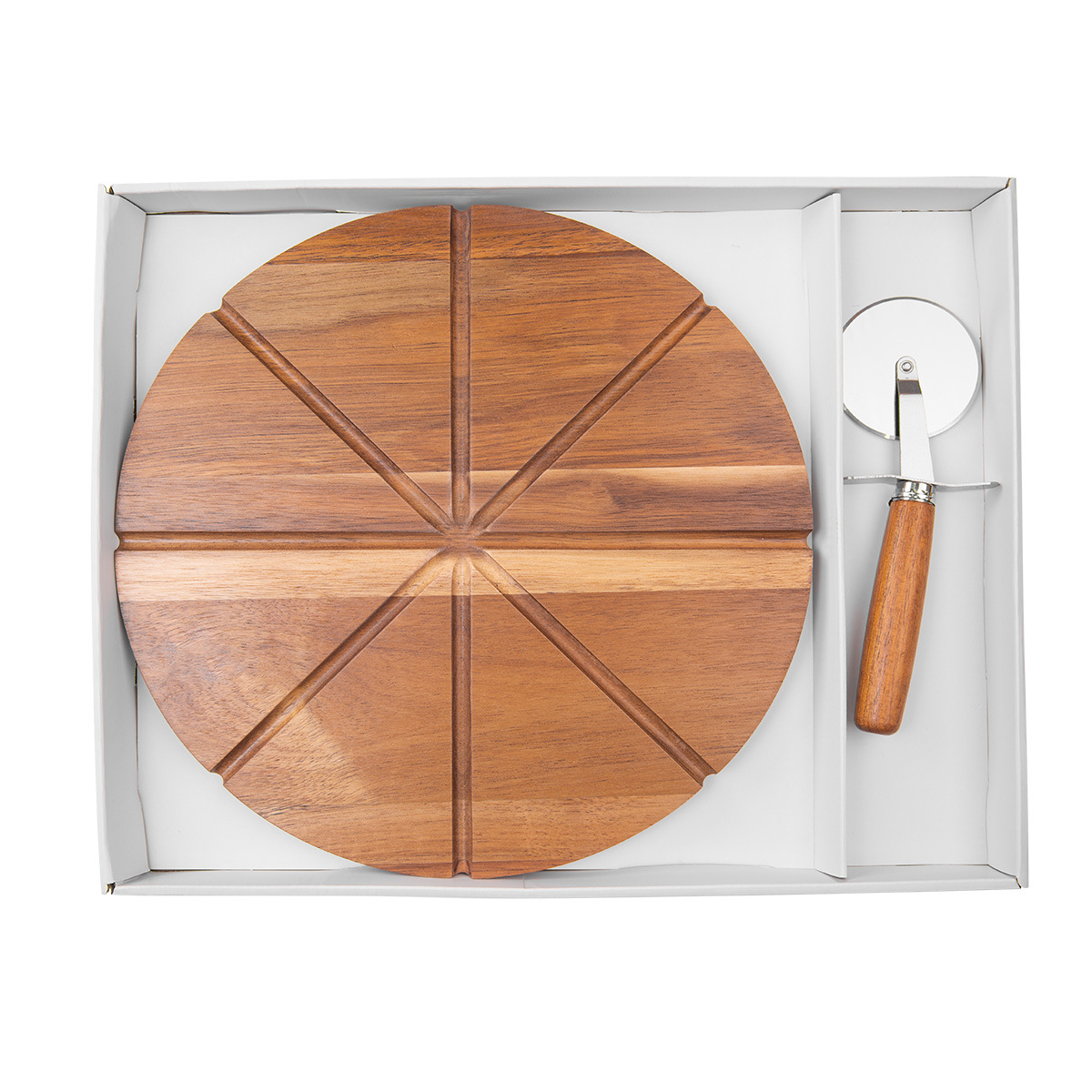 Food Packaging Safe Customizable Acacia Wood Pizza Cutting Board Set with Stainless Steel Pizza Cutter – 8-Slice Grooved Serving Tray