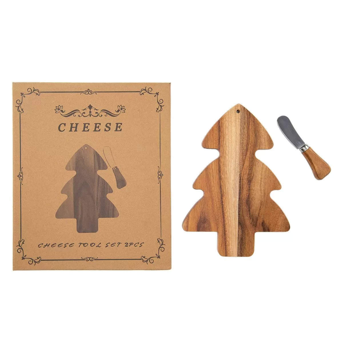 Christmas Tree Wooden Cheese Board Set w
