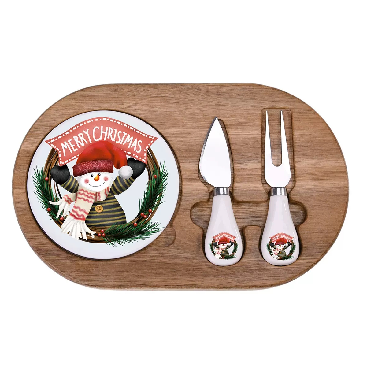 Christmas Wooden Cheese Board Set with C