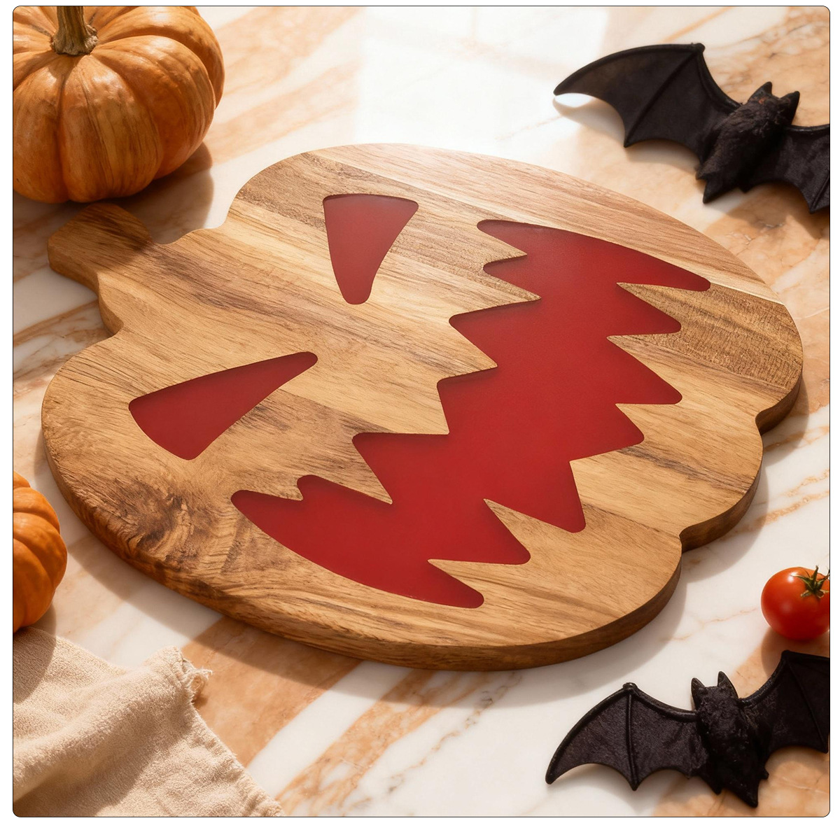 Halloween Wooden Pumpkin Sign Board – Acacia Wood & Resin Wall Decor – 28x25cm Customizable