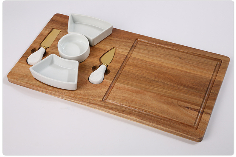 Safe for food Luxury Acacia Wood Cheese Board Set with Ceramic Bowls & Gold Cheese Knives – Gourmet Charcuterie Platter from Factory