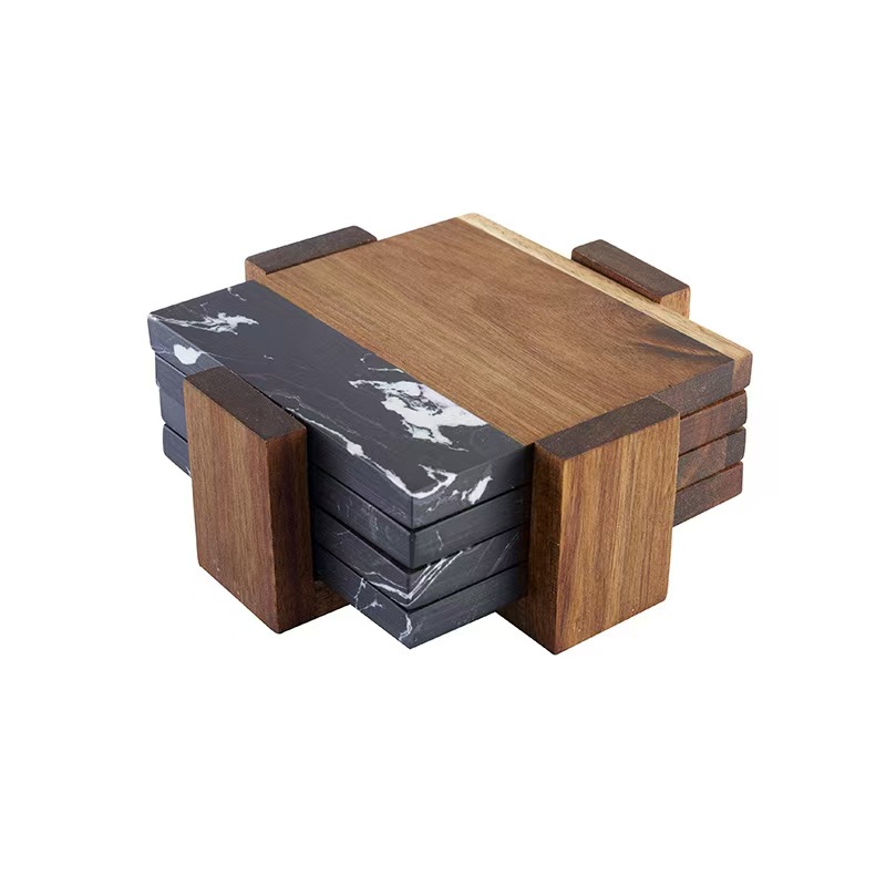 marble acacia coaster set