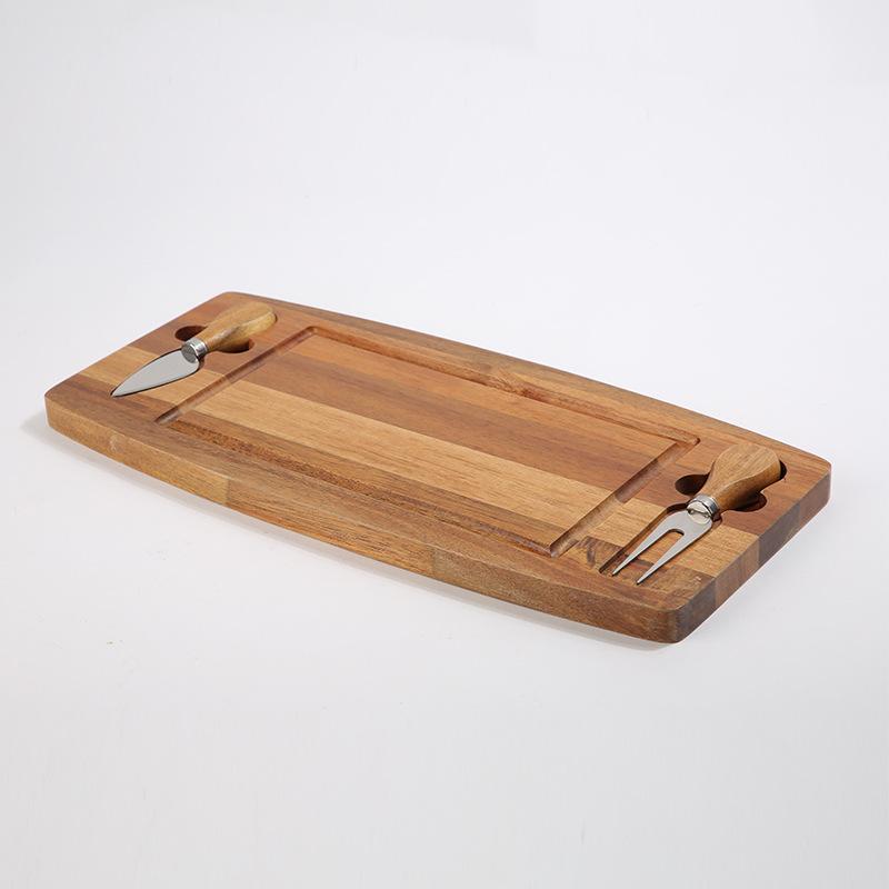 Kitchenware safe Flexible Design Wooden Cheese Serving Board with Knife & Fork – Acacia Charcuterie Tray with Built-In Utensils