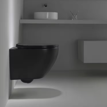 Matte Black Wall-Hung Toilet – Rimless, Dual Flush, Soft Close Seat