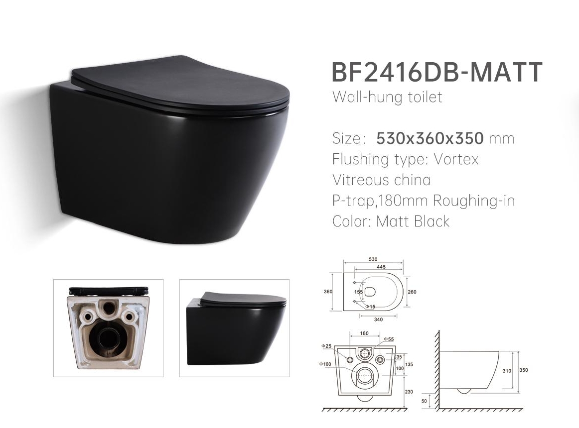 BF2416DB-MATT Schwarzes Wand-WC – Mattes Design, Geräuscharm & Platzsparend
