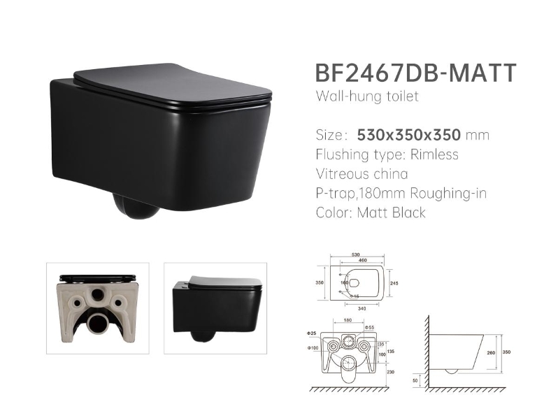 BF2467DB-MATT Matte Black Square Wall-Hung Toilet – Modern, Silent & Space-Saving