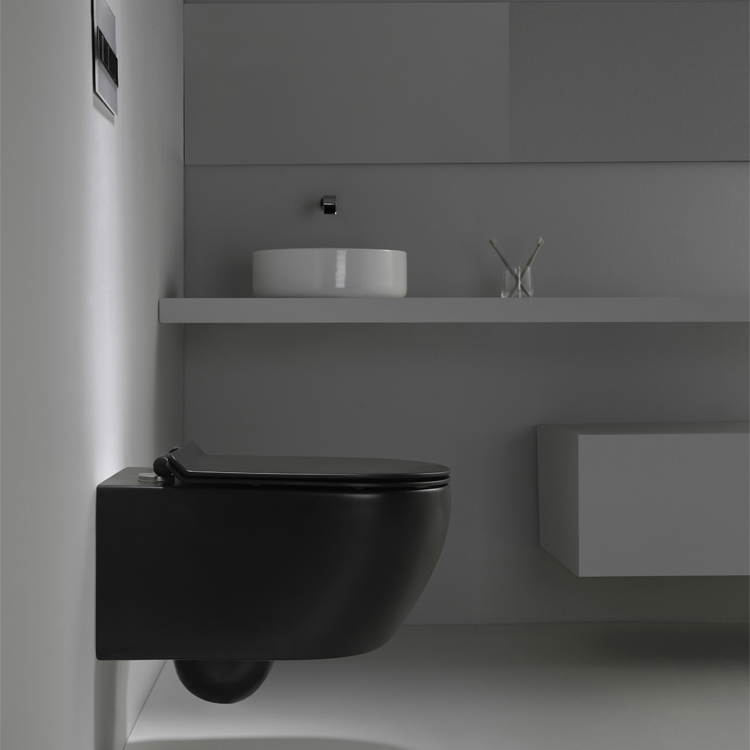 Matte Black Wall Hung Toilet – Round Rimless Ceramic WC with Soft Close Seat