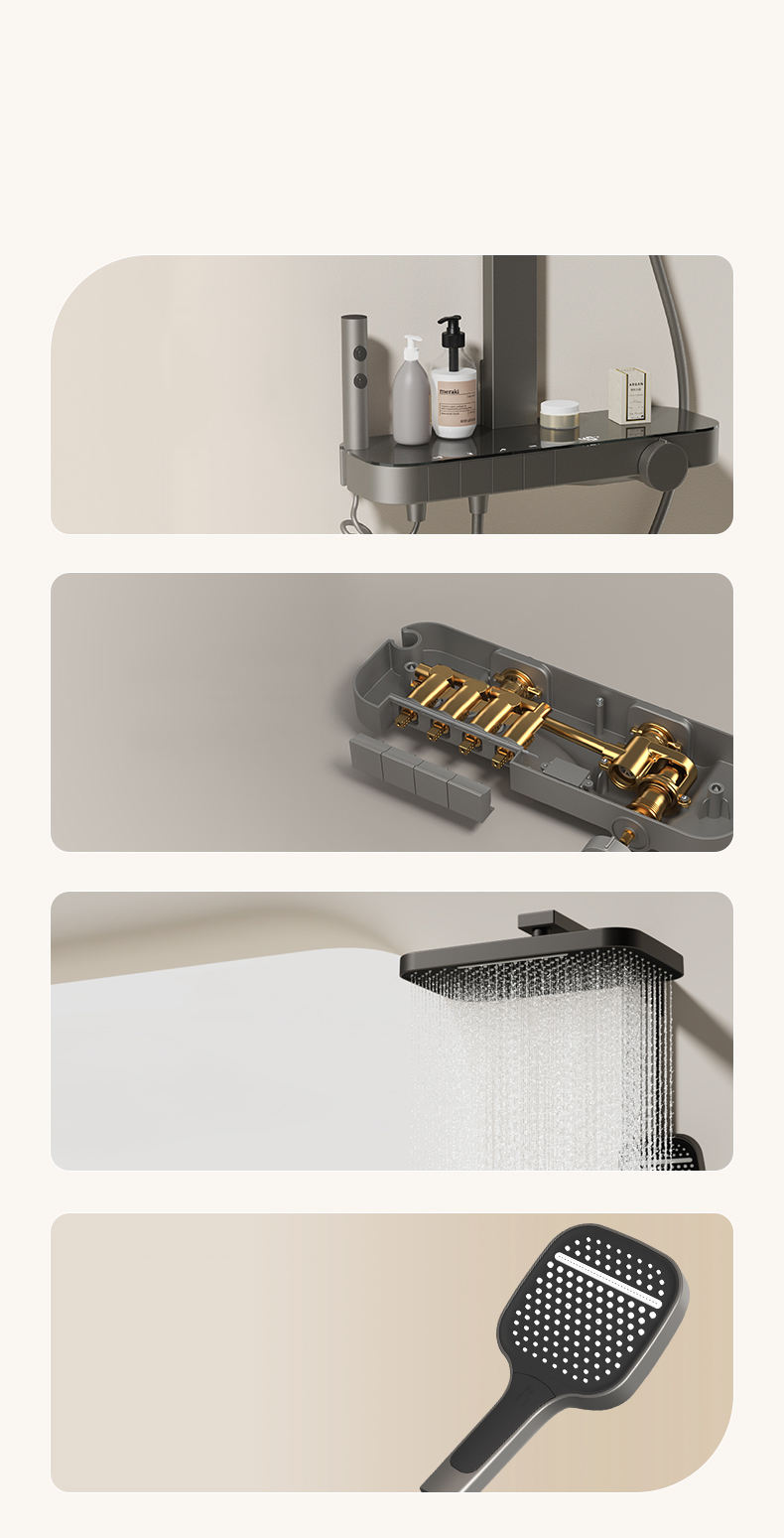 BF-9644 Grey Gun Grey Wall-Mounted Shower Set with Square Top Shower & Handheld Shower