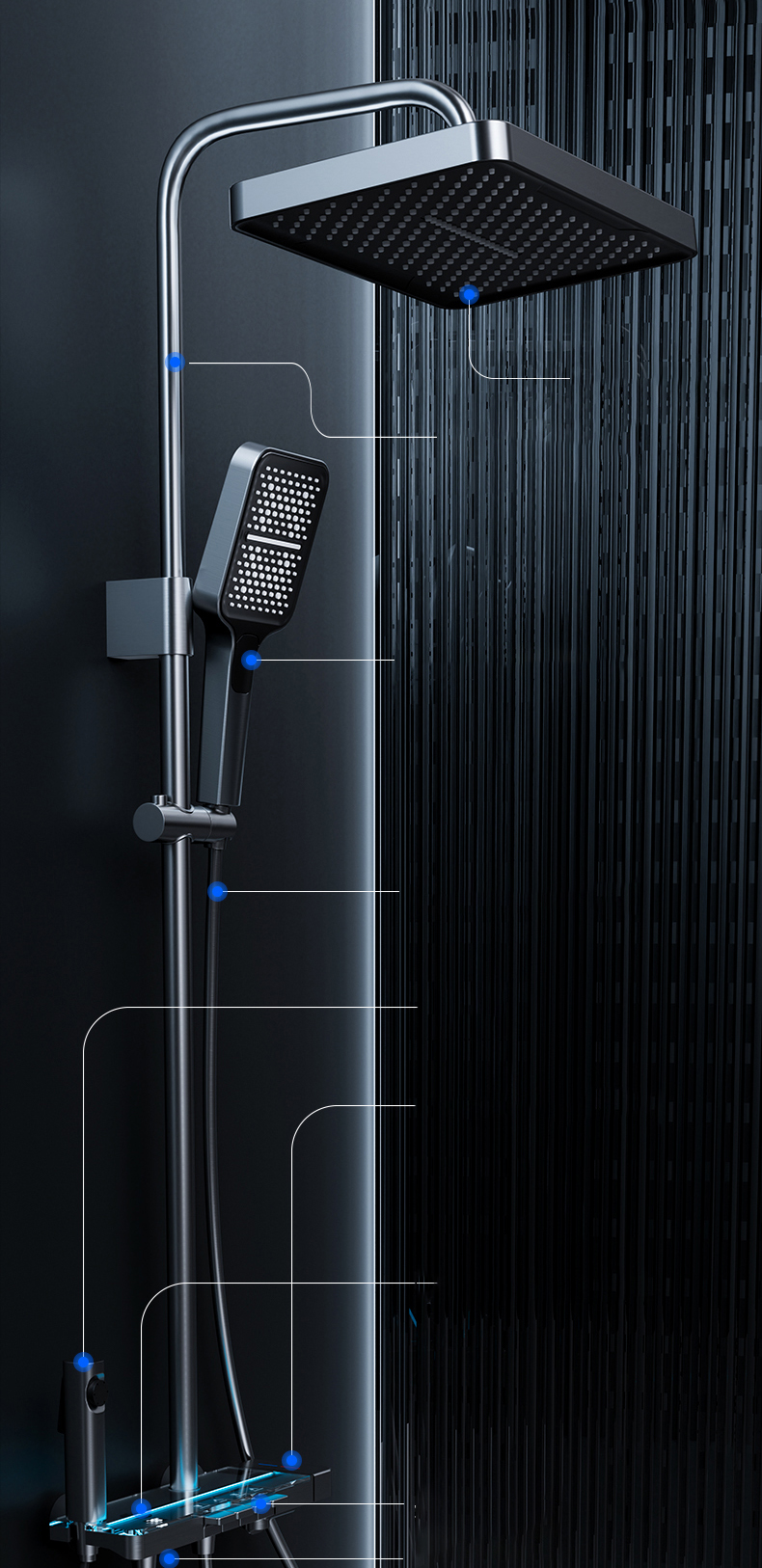 Luxury LED Thermostatic Shower System with Storage Shelf and Square Showerhead