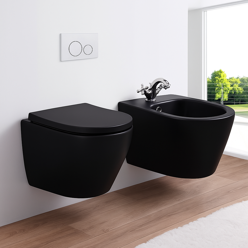 BF2377-MB Rimless Wall Hung Toilet – Matt Black Ceramic, Washdown Flush, 3/6L