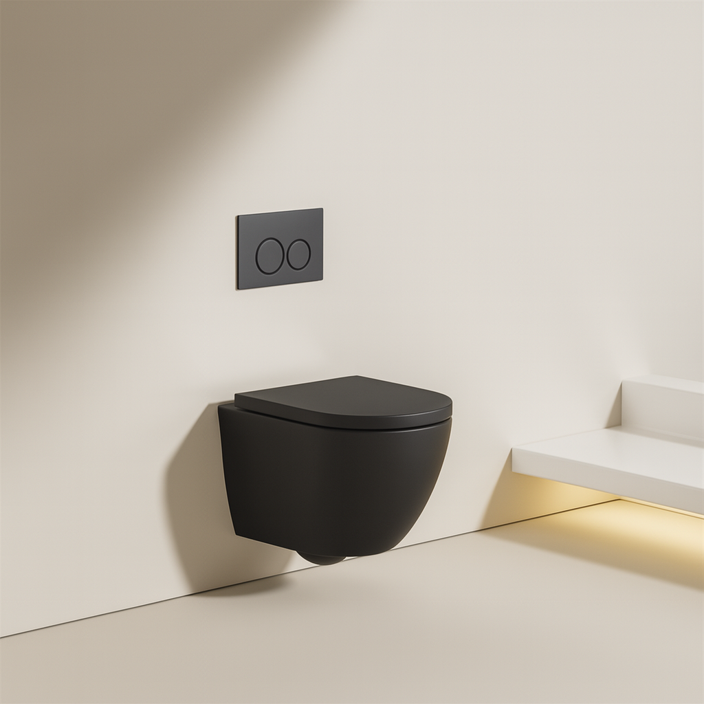 BF2377-MB Rimless Wall Hung Toilet – Matt Black Ceramic, Washdown Flush, 3/6L
