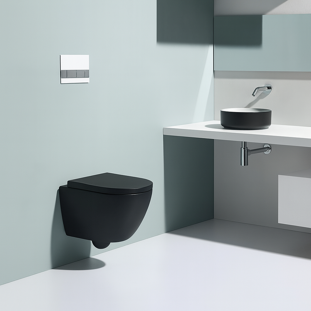 BF2377-MB Rimless Wall Hung Toilet – Matt Black Ceramic, Washdown Flush, 3/6L