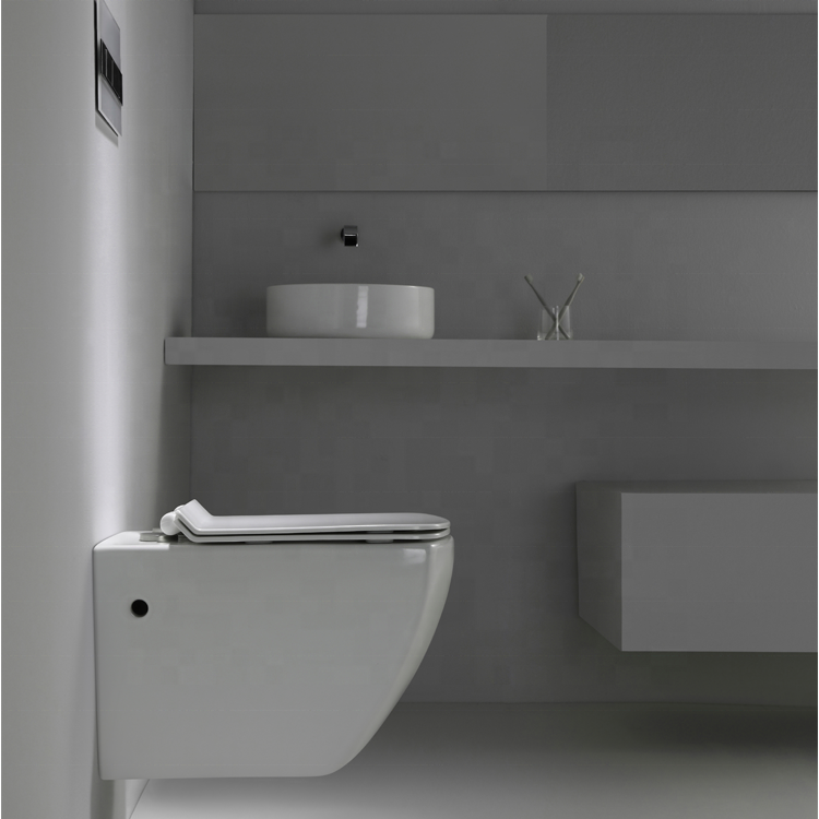 Modern Rimless Wall Hung Ceramic Toilet Glossy White UF Seat BF2496