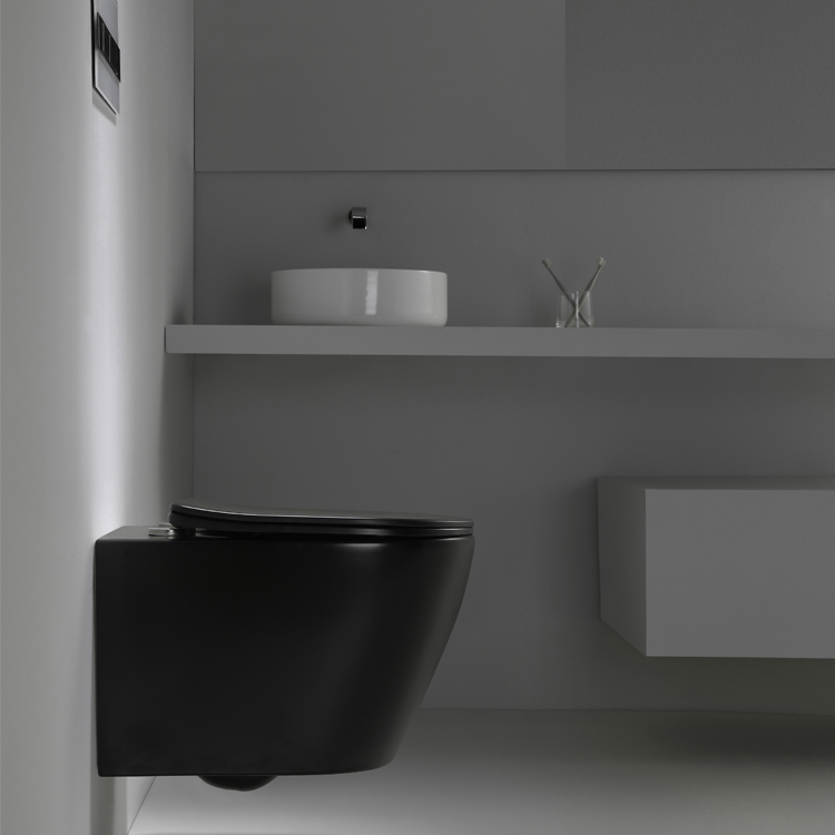 BF2476 Matte Black Wall-Hung Ceramic Toilet with Washdown Flush and Soft-Close UF Seat