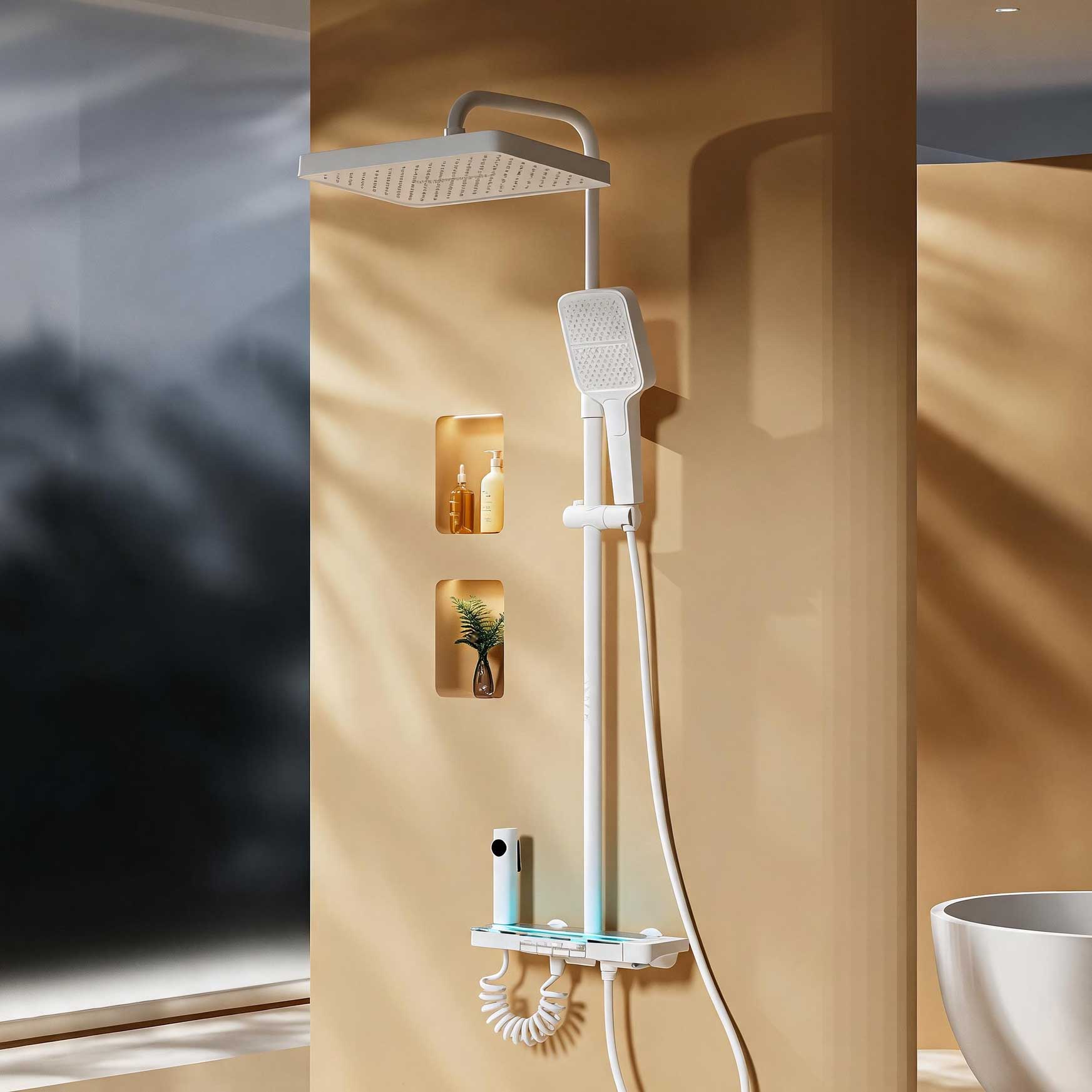 Luxury LED Thermostatic Shower System with Storage Shelf and Square Showerhead
