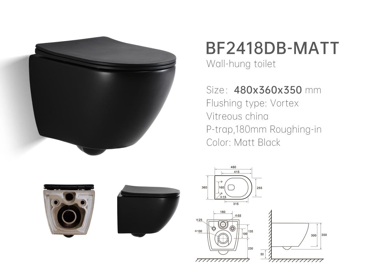 BF2418DB Matte Black Vortex Wall Hung Toilet with Soft Close UF Seat