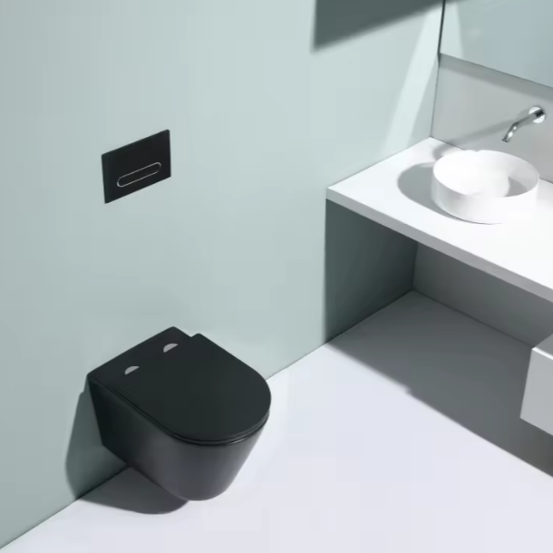 Matte Black Wall-Hung Toilet Model 2390E – Modern Ceramic Rimless WC with Dual Flush