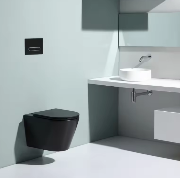 Matte Black Wall-Hung Toilet Model 2390E – Modern Ceramic Rimless WC with Dual Flush