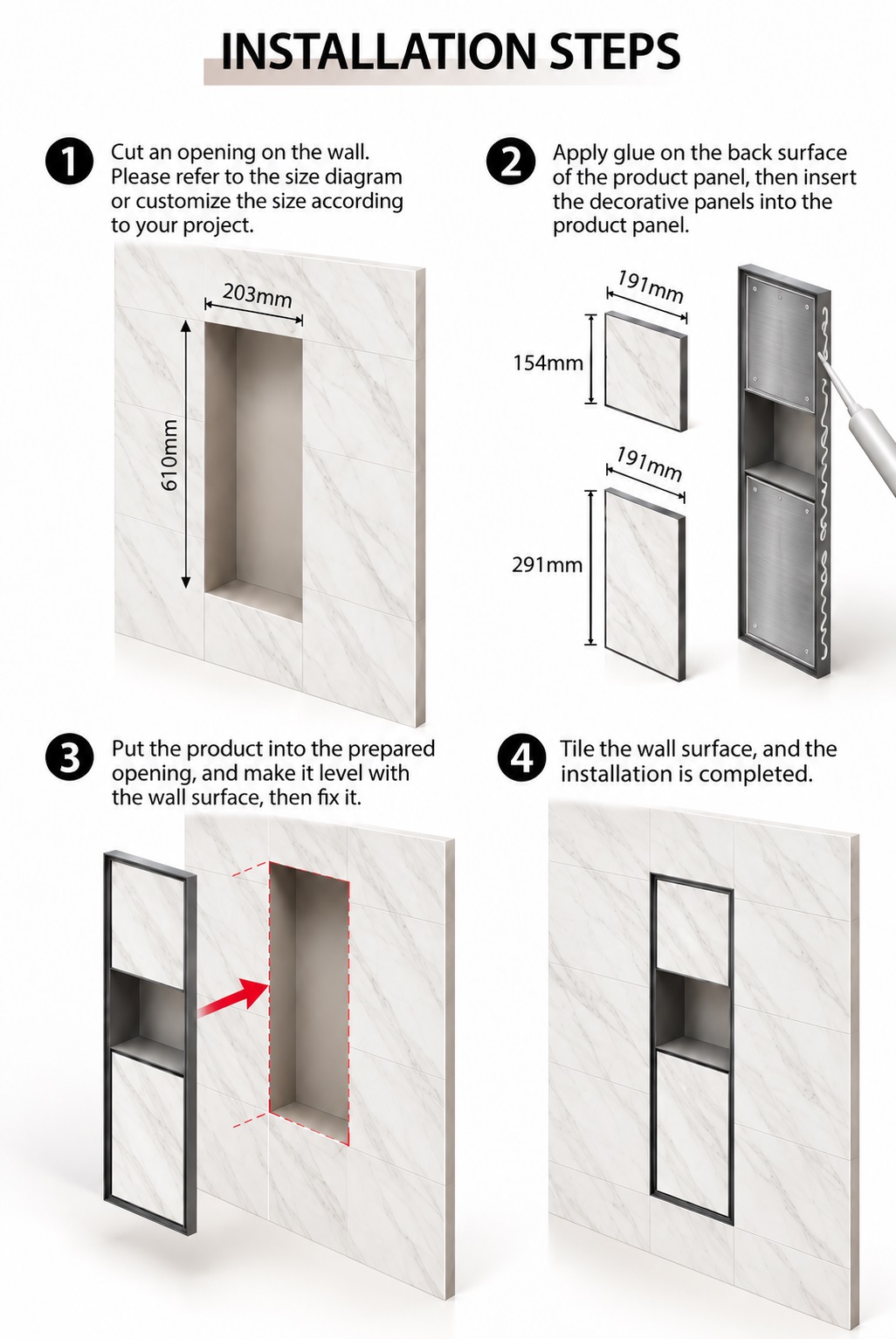 Multi-Functional Tileable Stainless Steel Recessed Bathroom Niche