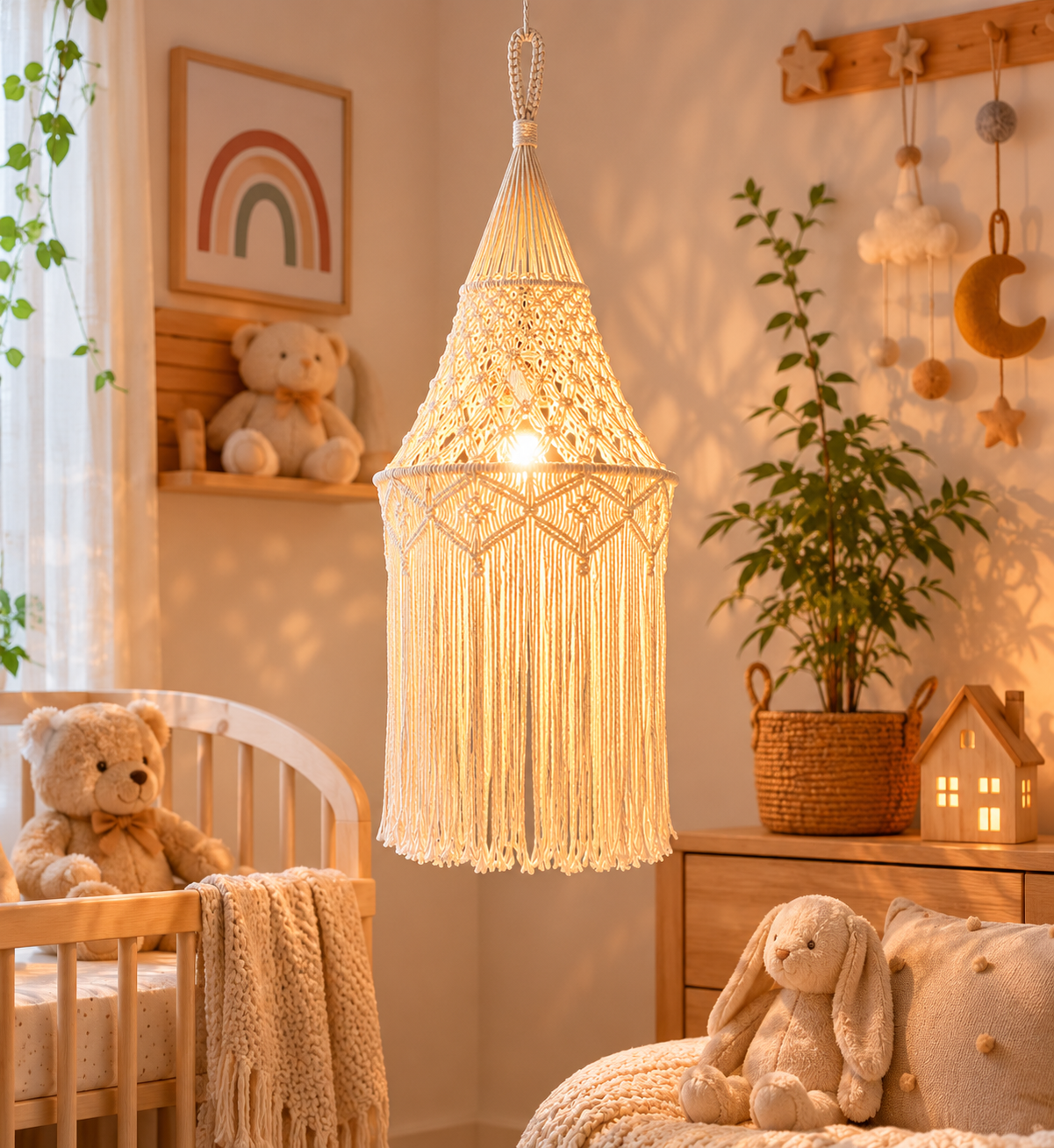 Handmade Boho Macrame Cotton Rope Pendant Light Decorative Fringe Hanging Lamp for Hotel Interior Projects