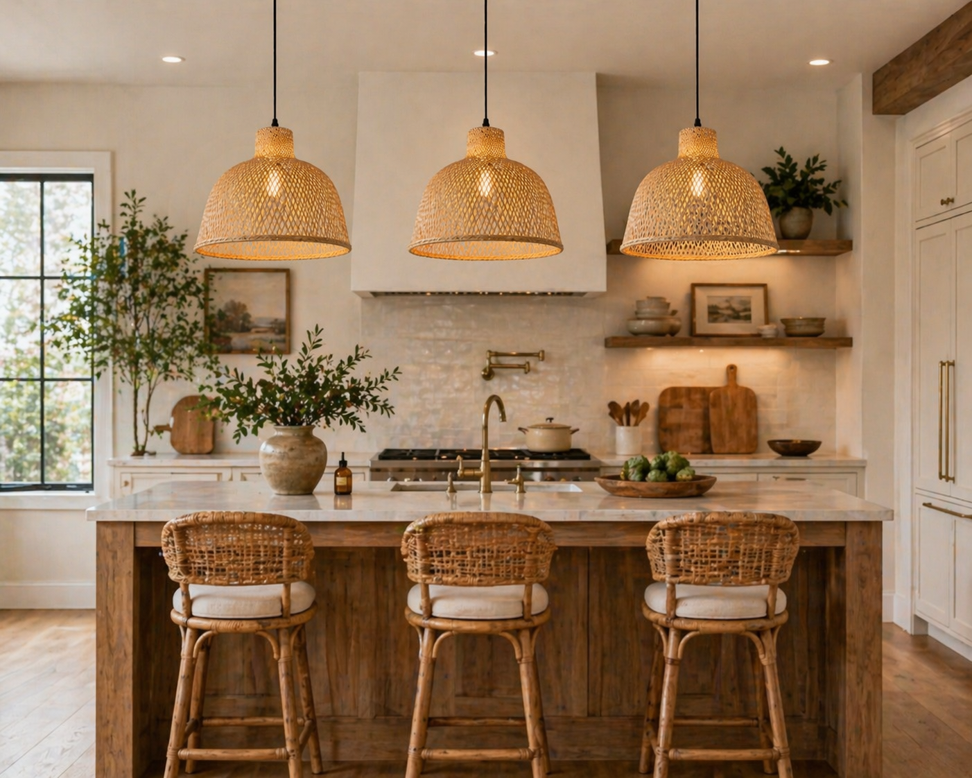 Natural Bamboo Dome Pendant Light Handwoven Wicker Hanging Lamp for Dining Room