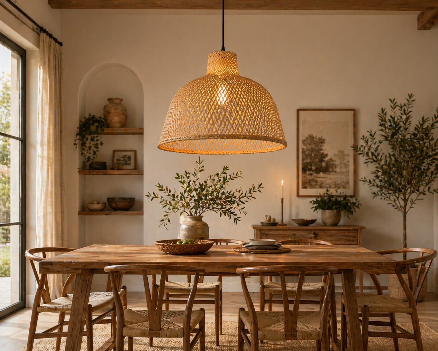 Natural Bamboo Dome Pendant Light Handwoven Wicker Hanging Lamp for Dining Room