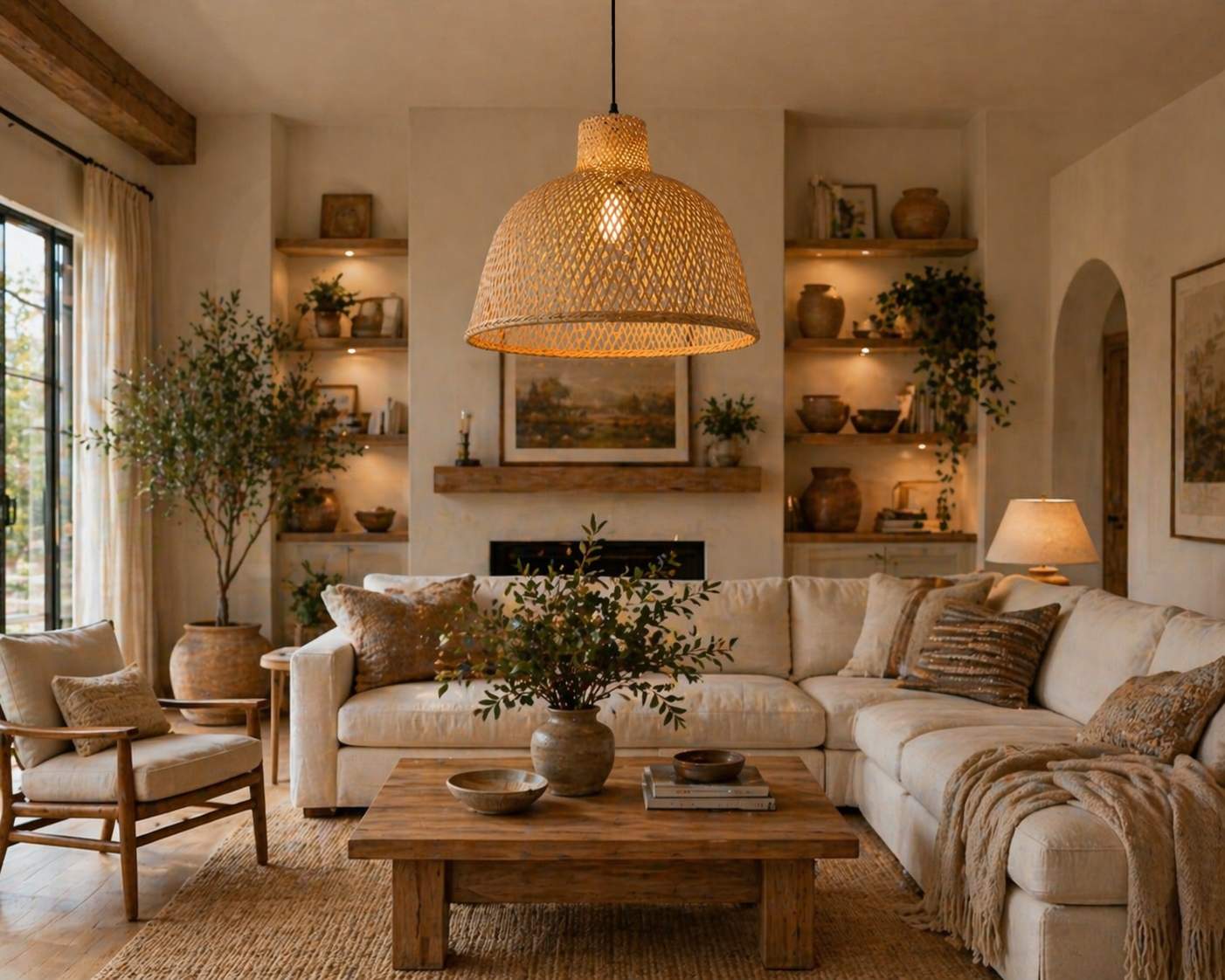 Natural Bamboo Dome Pendant Light Handwoven Wicker Hanging Lamp for Dining Room