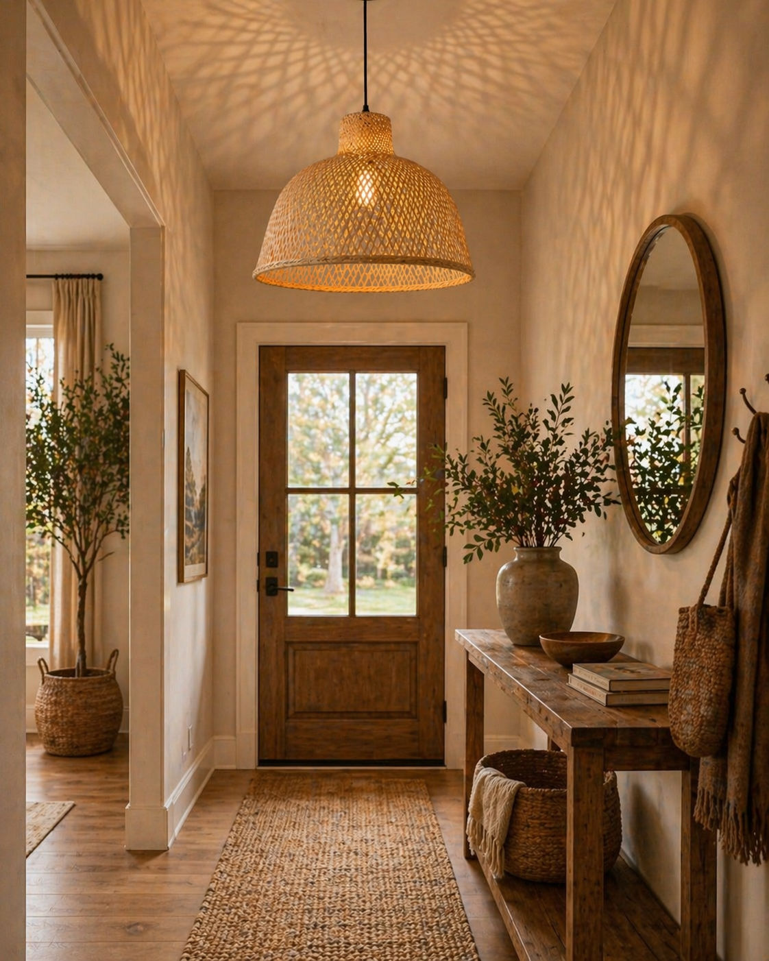 Natural Bamboo Dome Pendant Light Handwoven Wicker Hanging Lamp for Dining Room