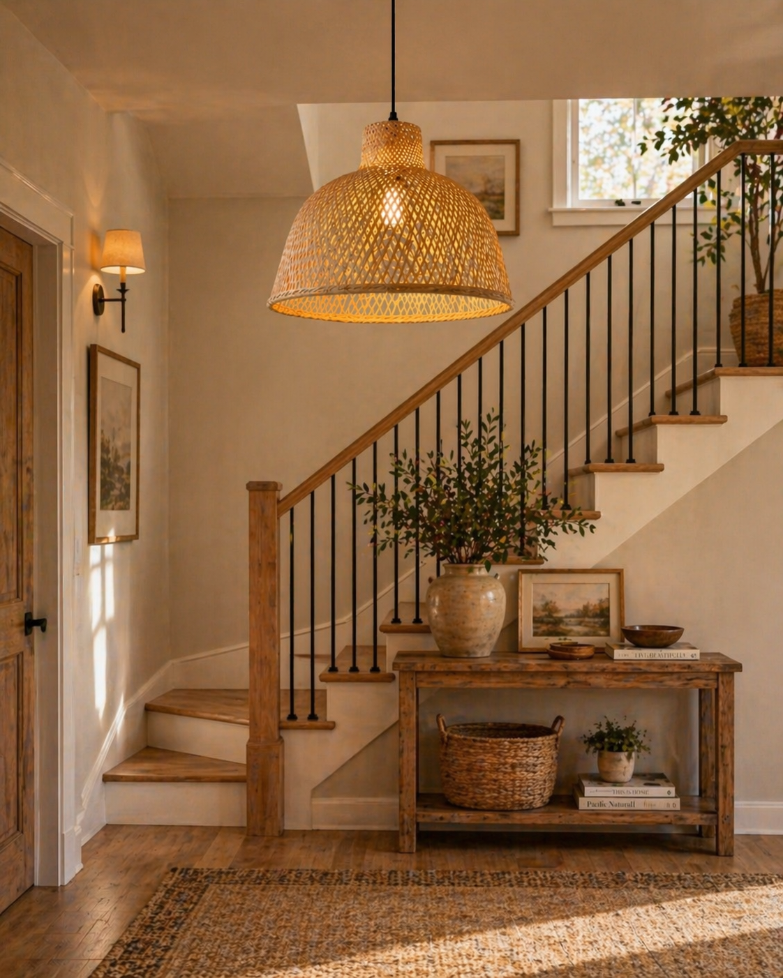 Natural Bamboo Dome Pendant Light Handwoven Wicker Hanging Lamp for Dining Room