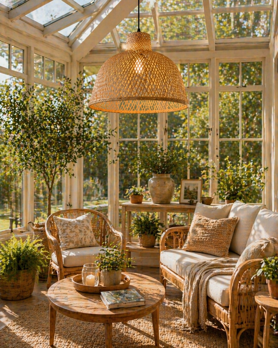 Natural Bamboo Dome Pendant Light Handwoven Wicker Hanging Lamp for Dining Room