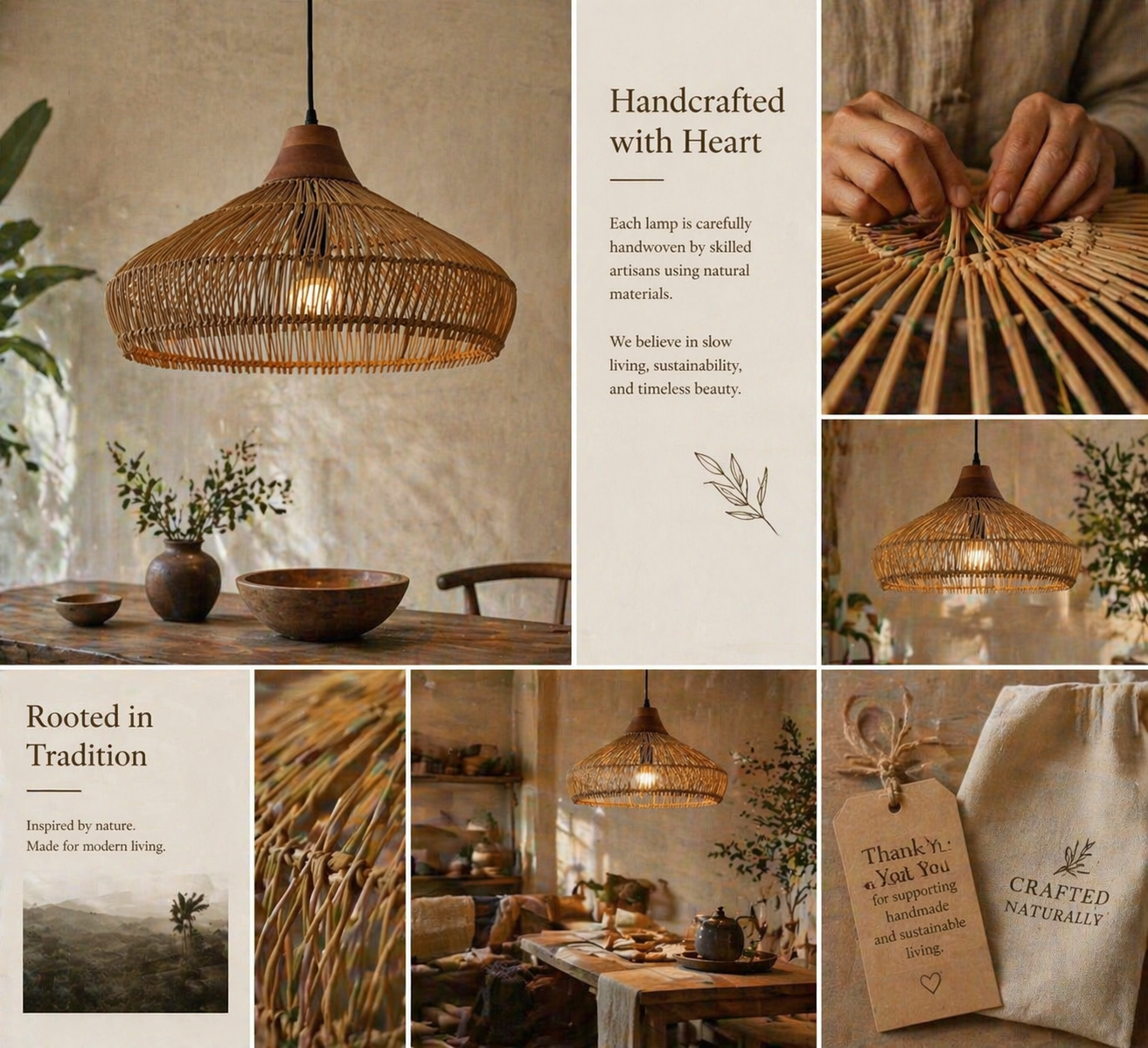 Modern Handwoven Bamboo Pendant Light Wide Shade Boho Hanging Lamp
