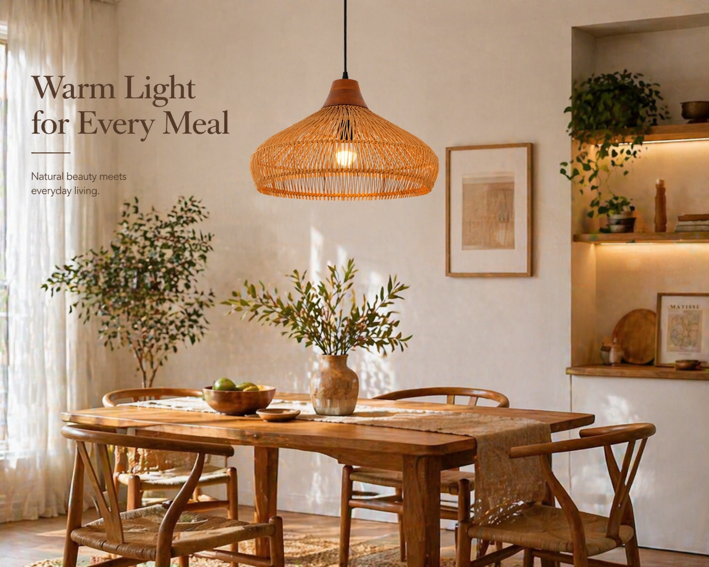 Modern Handwoven Bamboo Pendant Light Wide Shade Boho Hanging Lamp
