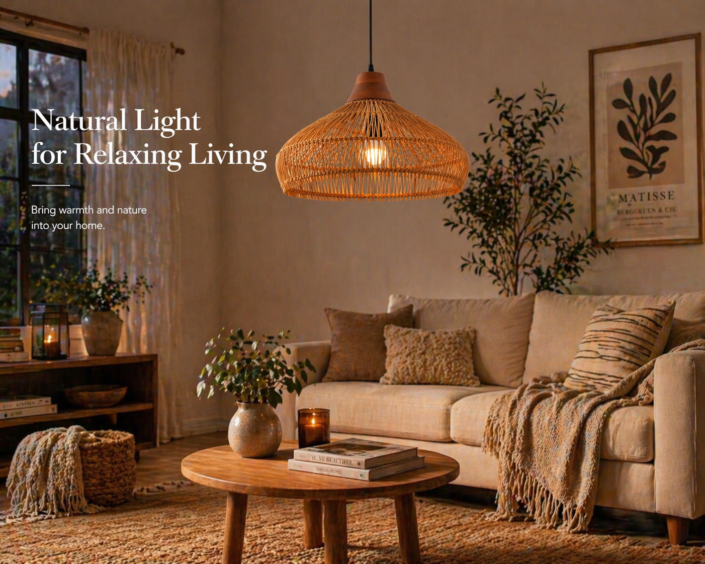 Modern Handwoven Bamboo Pendant Light Wide Shade Boho Hanging Lamp