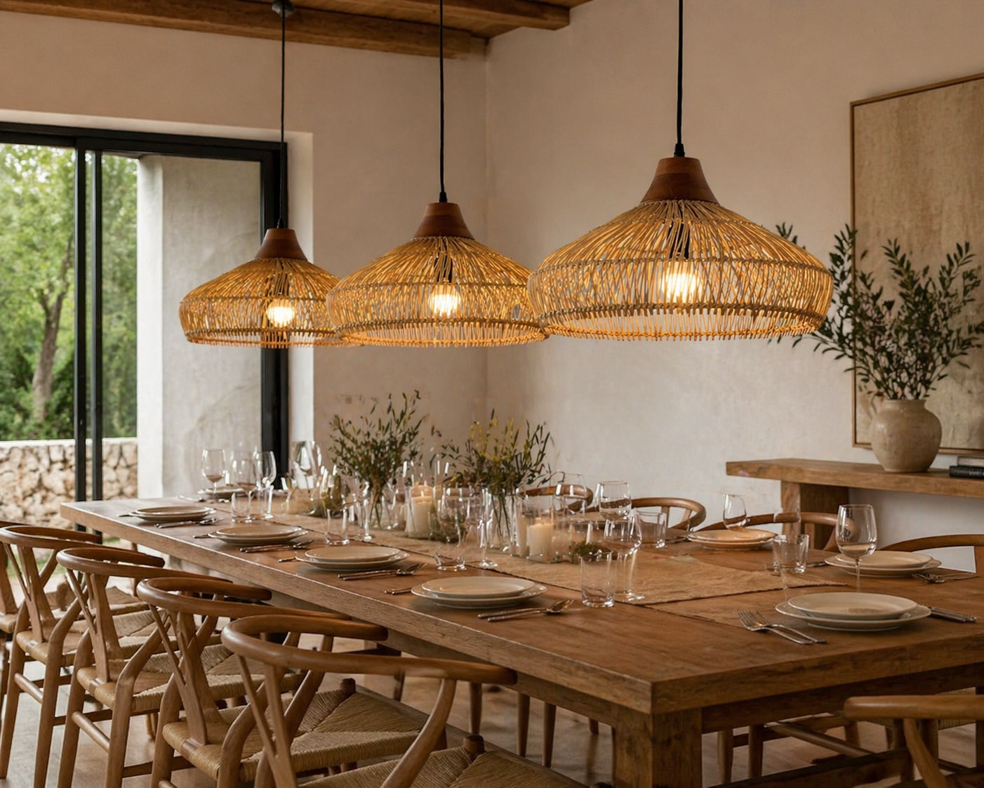 Modern Handwoven Bamboo Pendant Light Wide Shade Boho Hanging Lamp