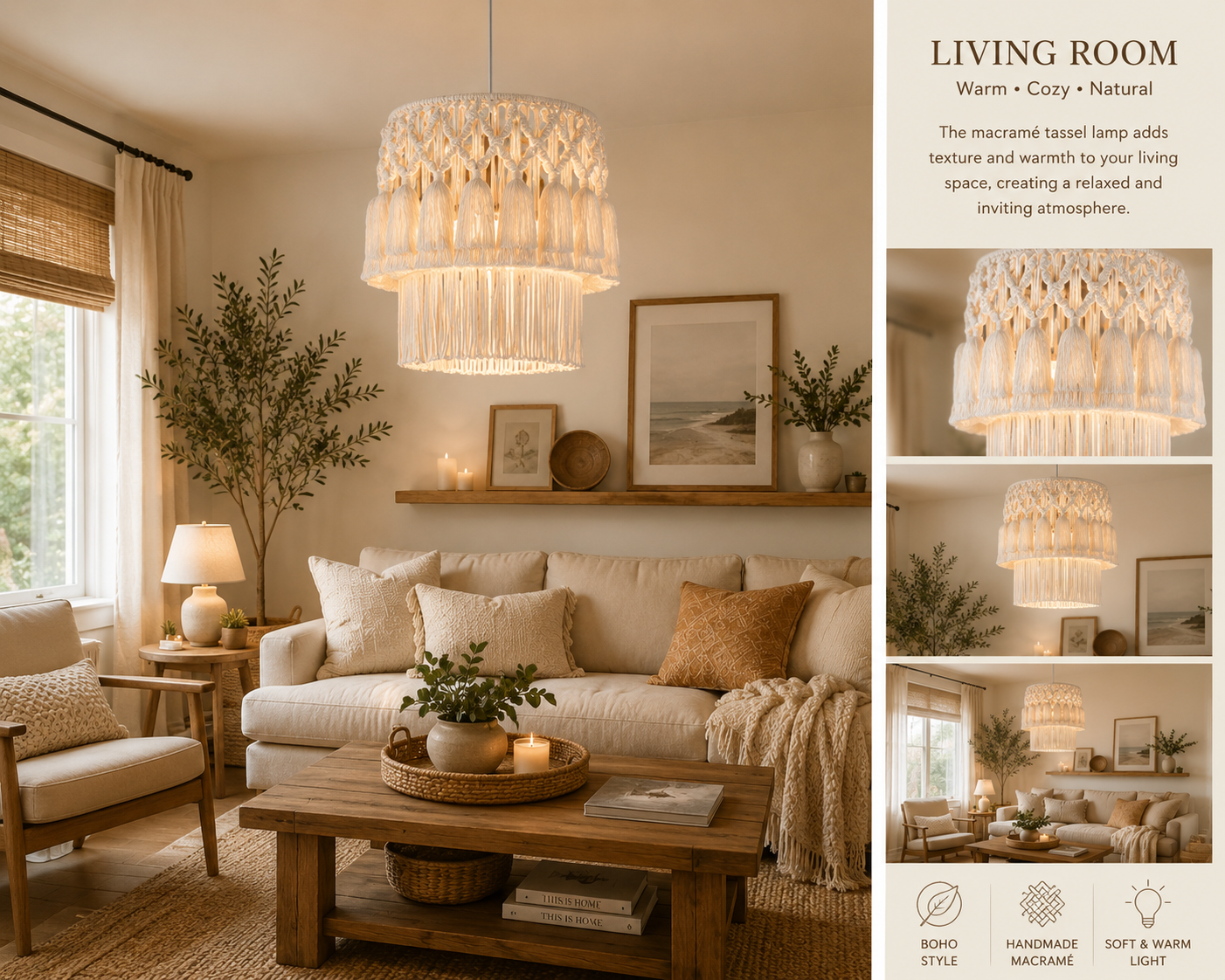 Handmade Boho Macrame Tassel Pendant Light Natural Cotton Fringe Chandelier for Hospitality & Residential Projects