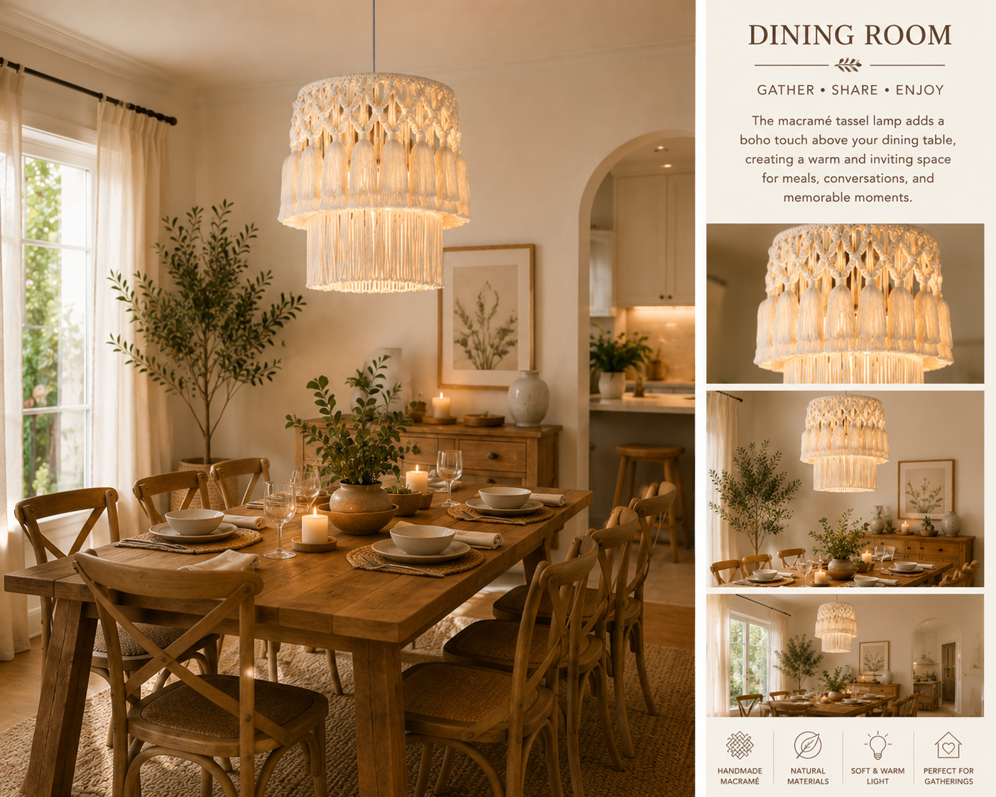 Handmade Boho Macrame Tassel Pendant Light Natural Cotton Fringe Chandelier for Hospitality & Residential Projects