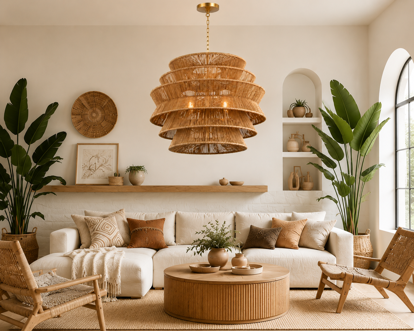 Modern Multi-Tier Handwoven Natural Rattan Pendant Light Boho Hanging Chandelier for Hotel Restaurant Resort Villa
