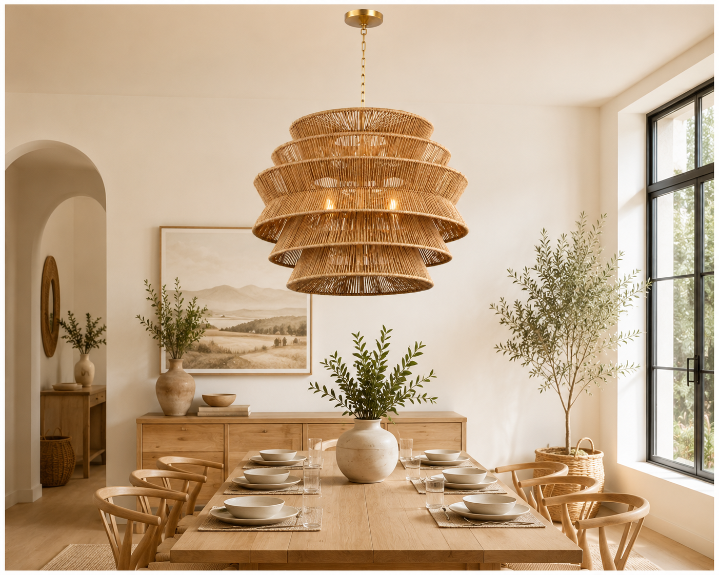 Modern Multi-Tier Handwoven Natural Rattan Pendant Light Boho Hanging Chandelier for Hotel Restaurant Resort Villa