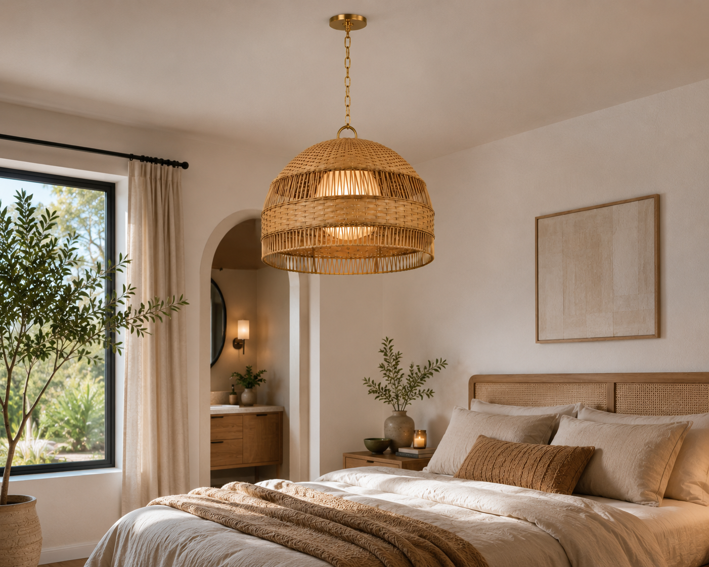 Modern Handwoven Natural Rattan Pendant Light Boho Hanging Ceiling Lamp for Hotel Restaurant Villa