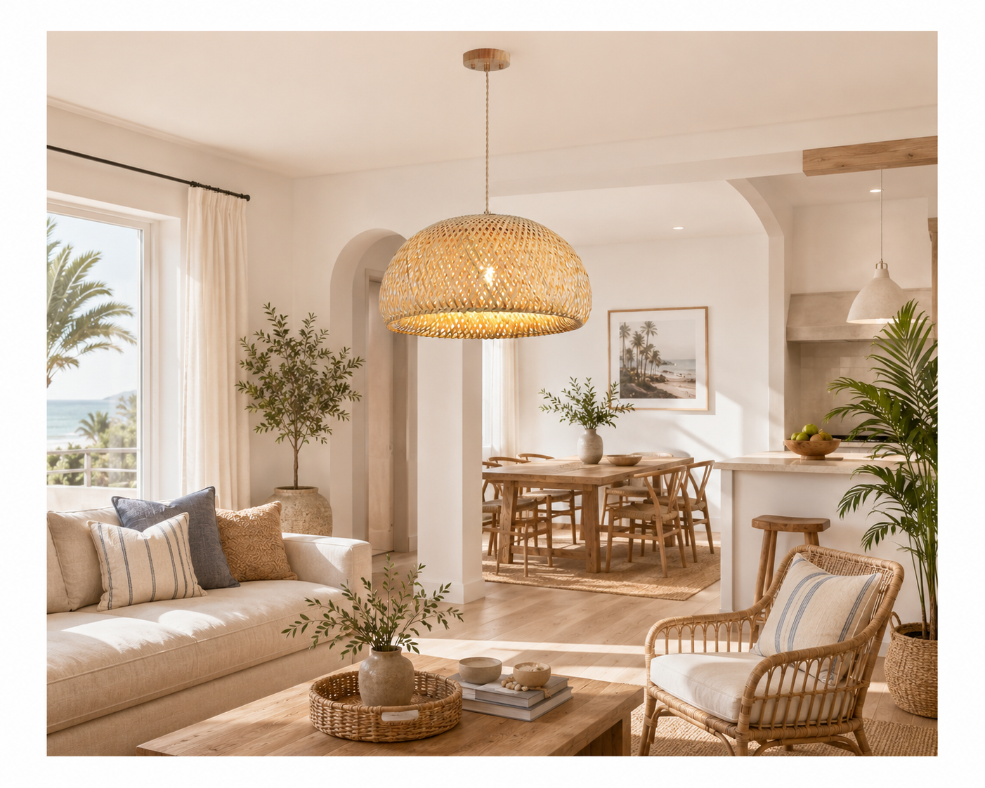 Handwoven Natural Bamboo Dome Pendant Light Boho Ceiling Lamp for Hotel Restaurant Resort Projects