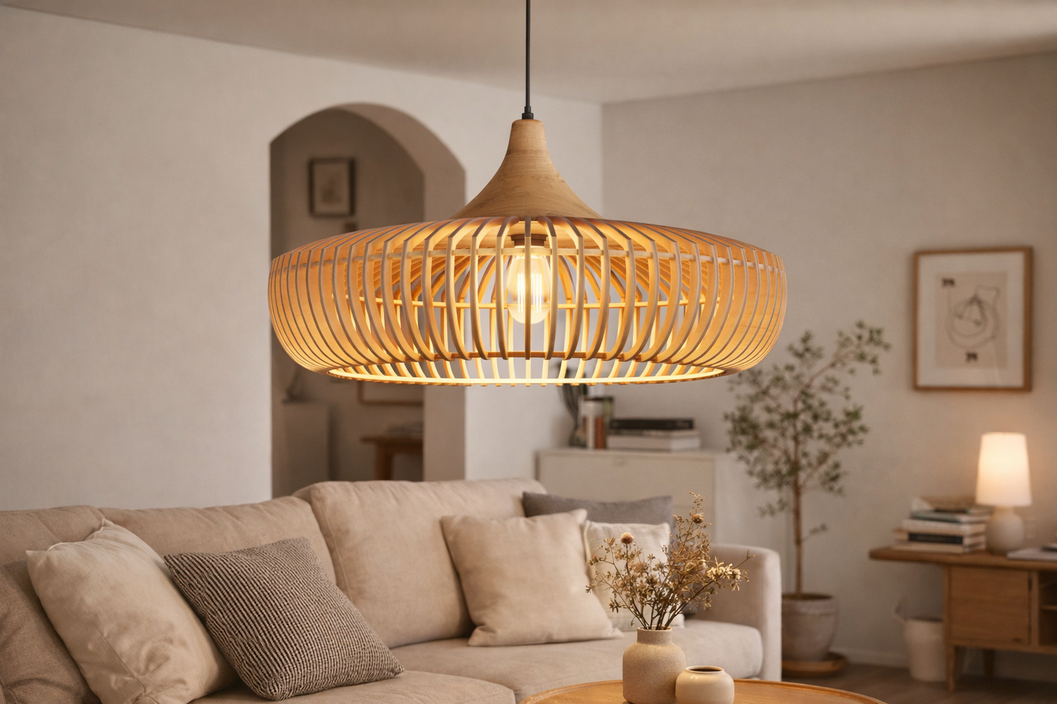 Contemporary Handcrafted Wooden Slat Pendant Light Fixtures for Restaurant & Interior Design Projects