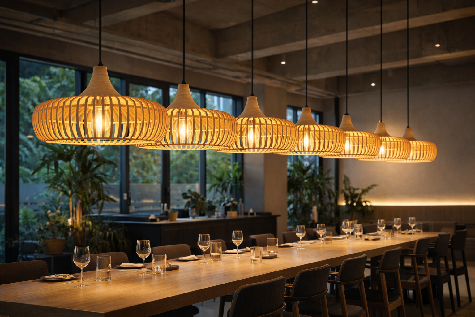 Contemporary Handcrafted Wooden Slat Pendant Light Fixtures for Restaurant & Interior Design Projects