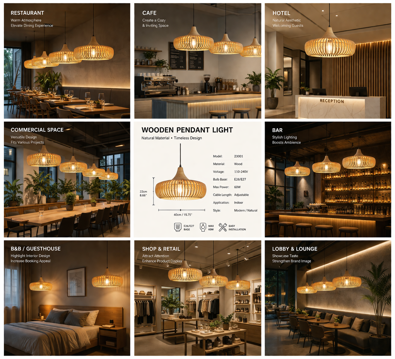 Contemporary Handcrafted Wooden Slat Pendant Light Fixtures for Restaurant & Interior Design Projects