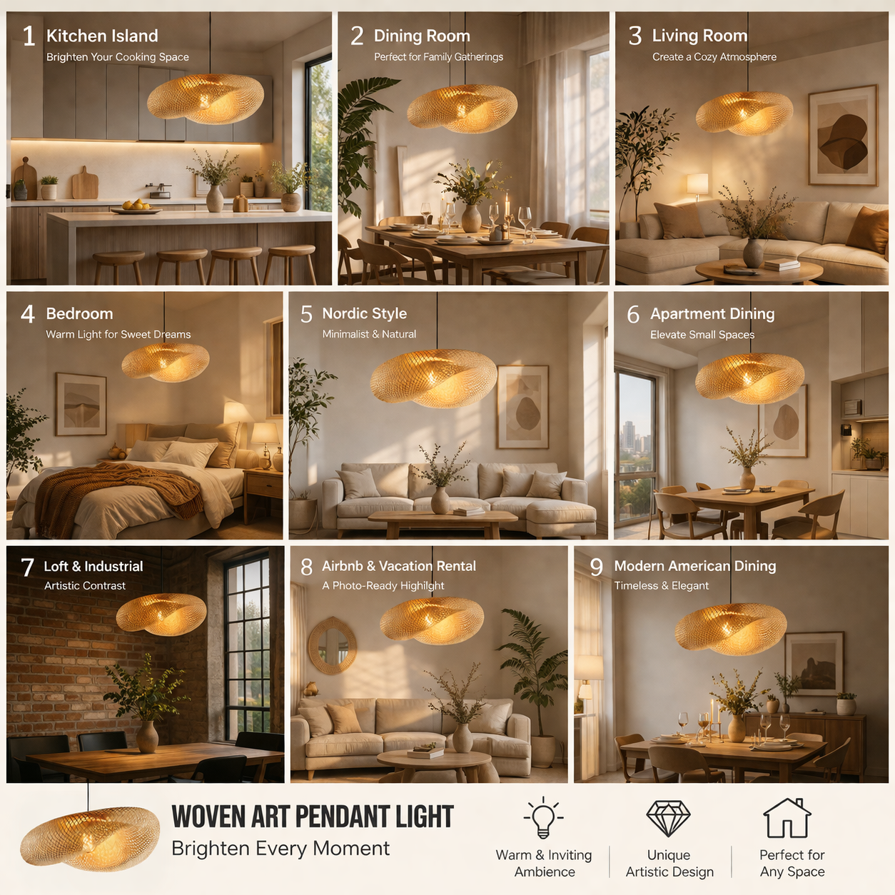 Modern Handwoven Banboo Pendant Light Fitting Artistic Hollow Mesh Hanging Lamp